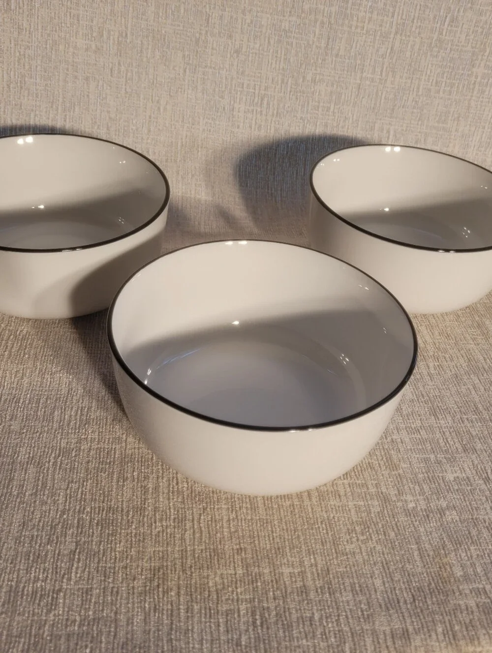 Sur La Table White Ceramic Bowls with Black Trim - Set of 3. Excellent